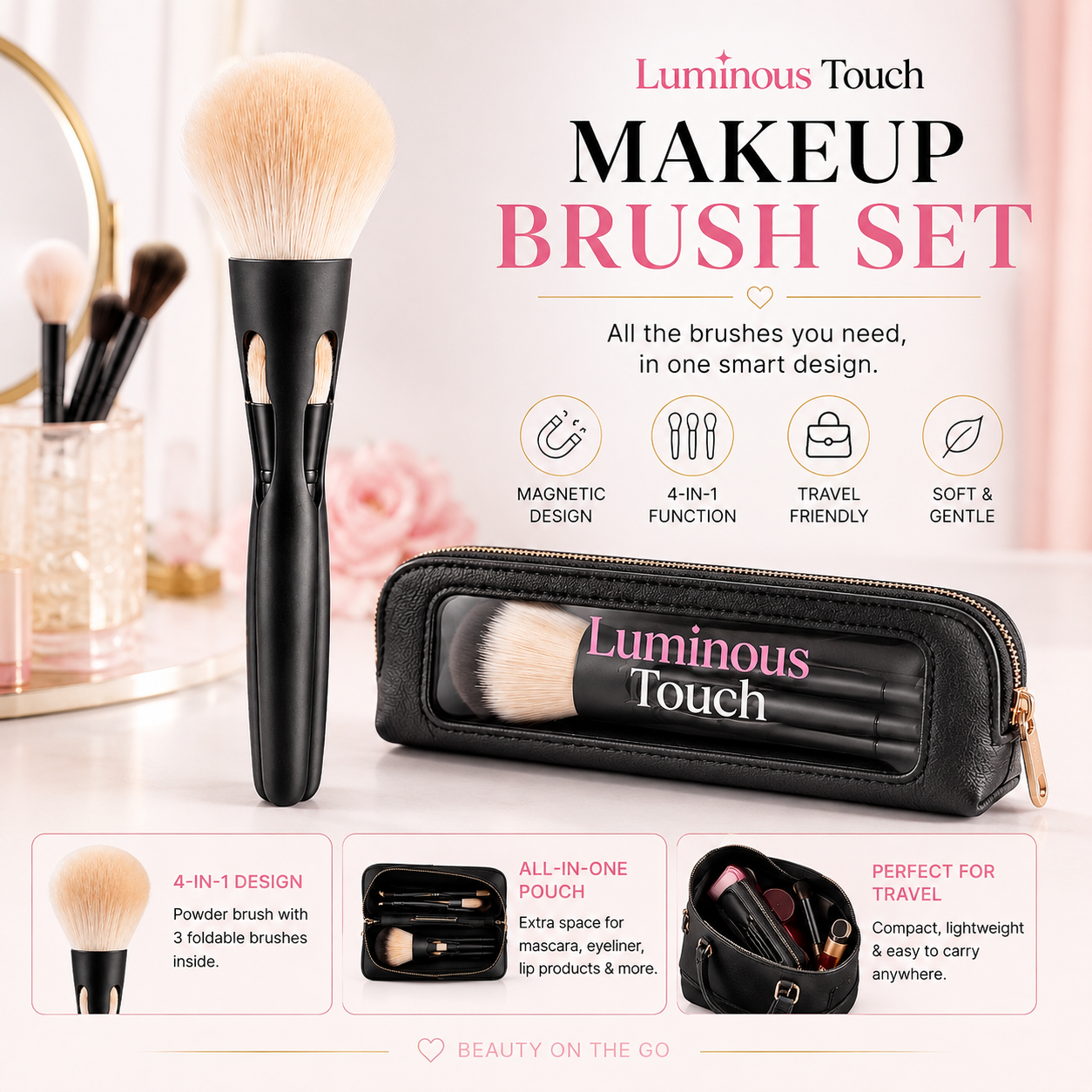 Luminous Touch 4-in-1 Travel Makeup Brush Set with Cosmetic Pouch