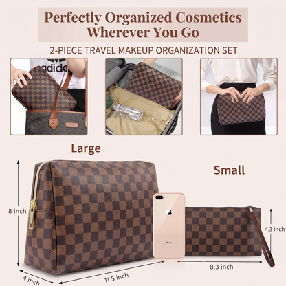 2-Piece Checkered Makeup Bag Set – Stylish Waterproof Travel Cosmetic Organizer