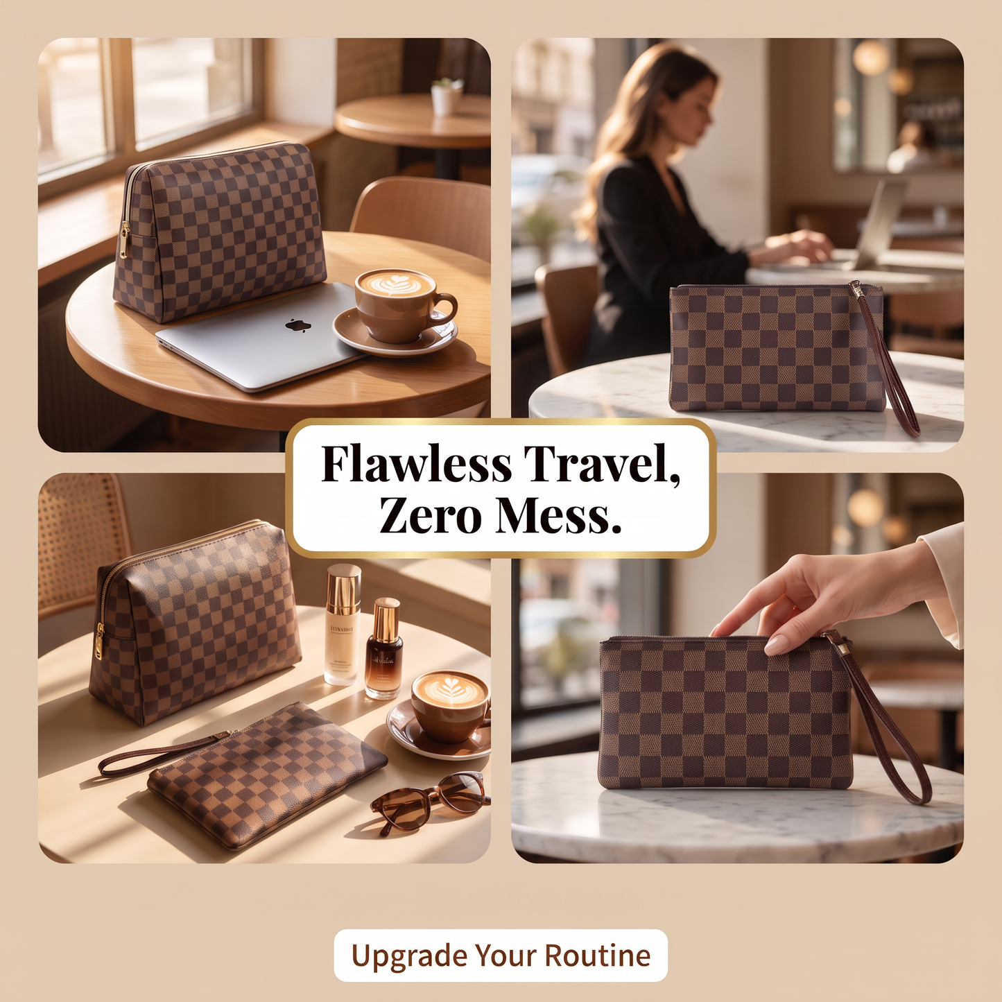 2-Piece Checkered Makeup Bag Set – Stylish Waterproof Travel Cosmetic Organizer