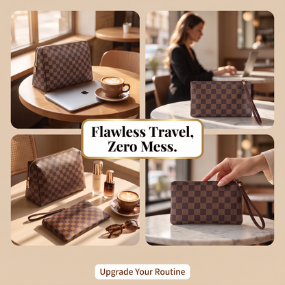 2-Piece Checkered Makeup Bag Set – Stylish Waterproof Travel Cosmetic Organizer