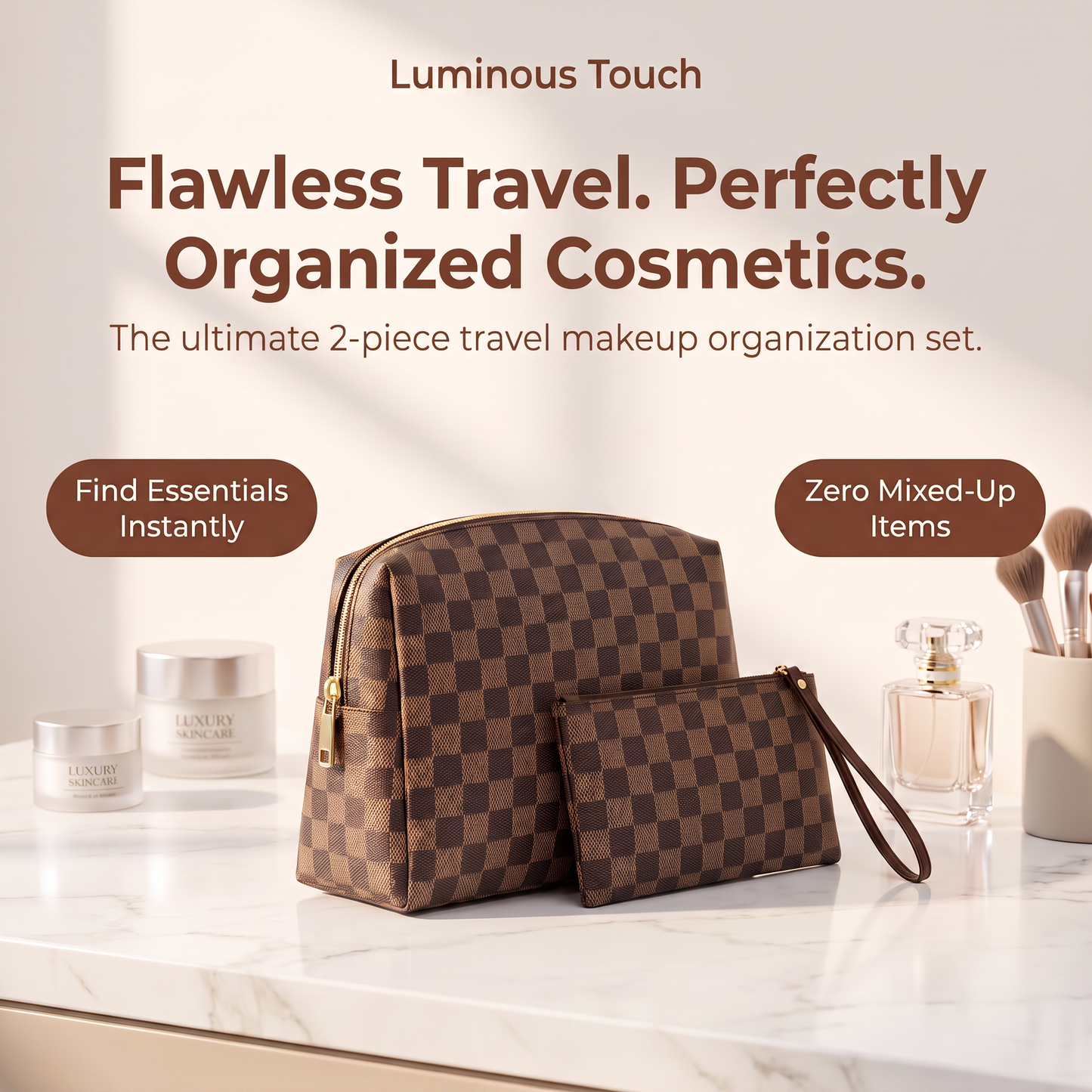 2-Piece Checkered Makeup Bag Set – Stylish Waterproof Travel Cosmetic Organizer