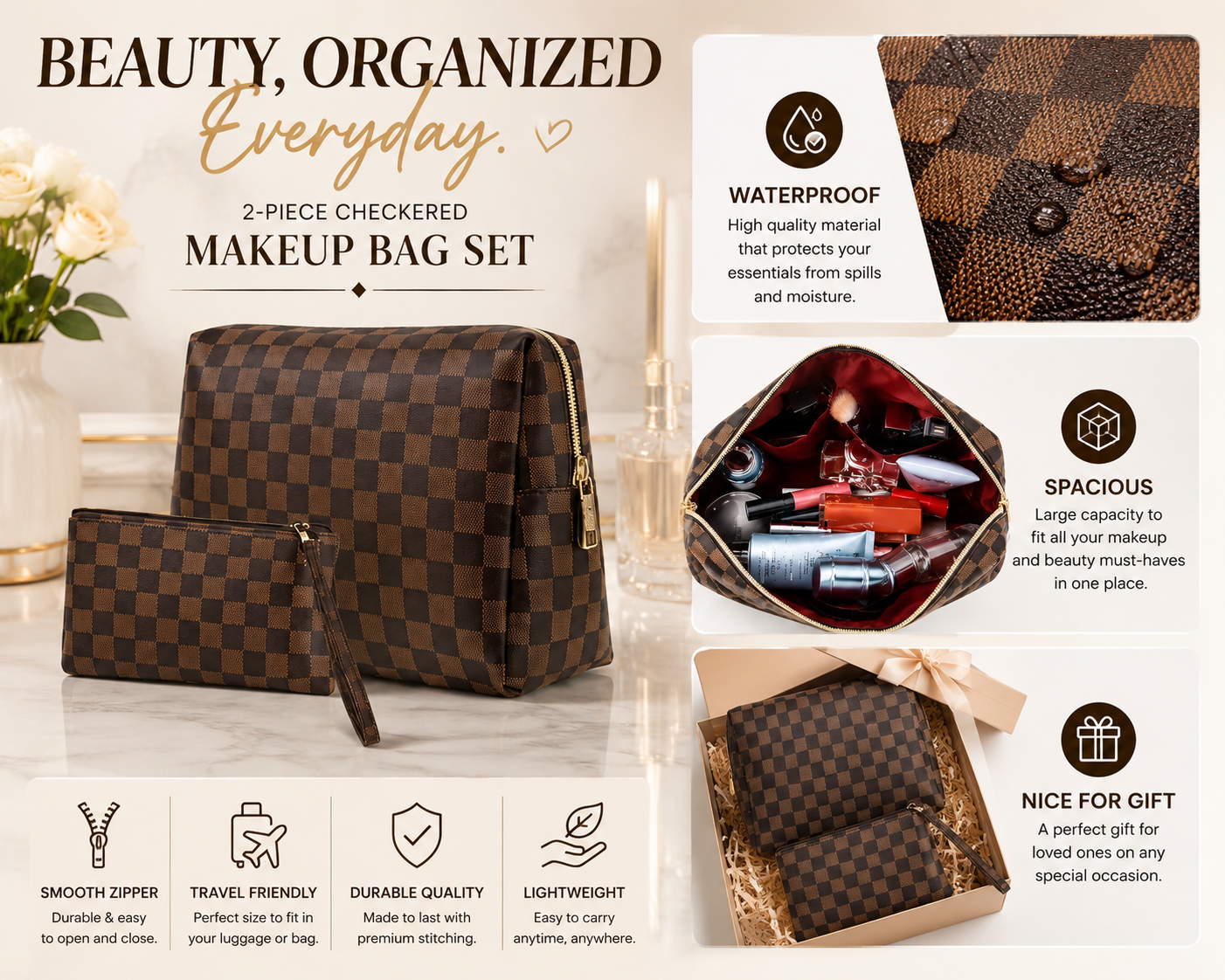 2-Piece Checkered Makeup Bag Set – Stylish Waterproof Travel Cosmetic Organizer