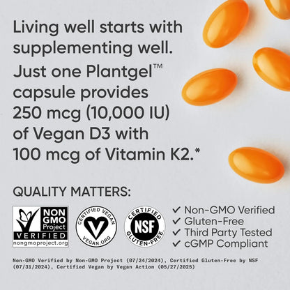 Elevate Your Wellness with Sports Research Vegan Vitamin D3 + K2 - 10,000 IU Plant-Based Power for Immune and Bone Support - 60 Softgels