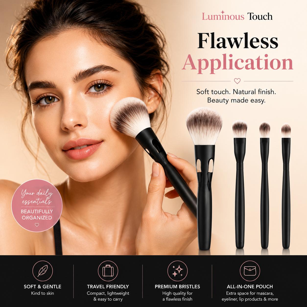 Luminous Touch 4-in-1 Travel Makeup Brush Set with Cosmetic Pouch