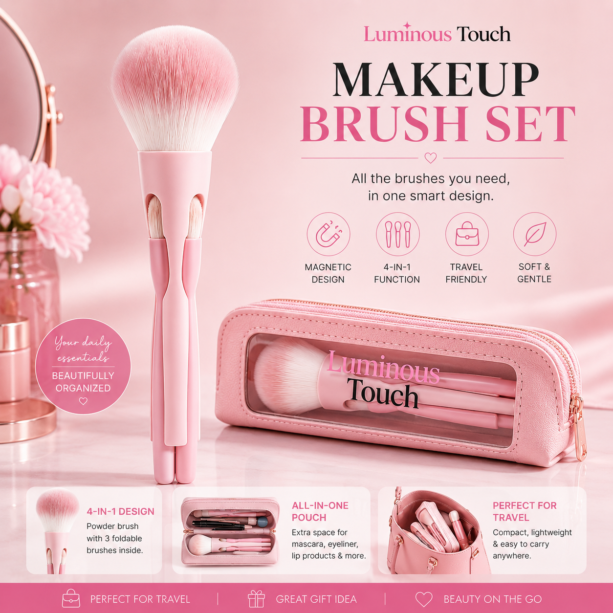 Luminous Touch 4-in-1 Travel Makeup Brush Set with Cosmetic Pouch