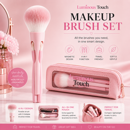 Luminous Touch 4-in-1 Travel Makeup Brush Set with Cosmetic Pouch