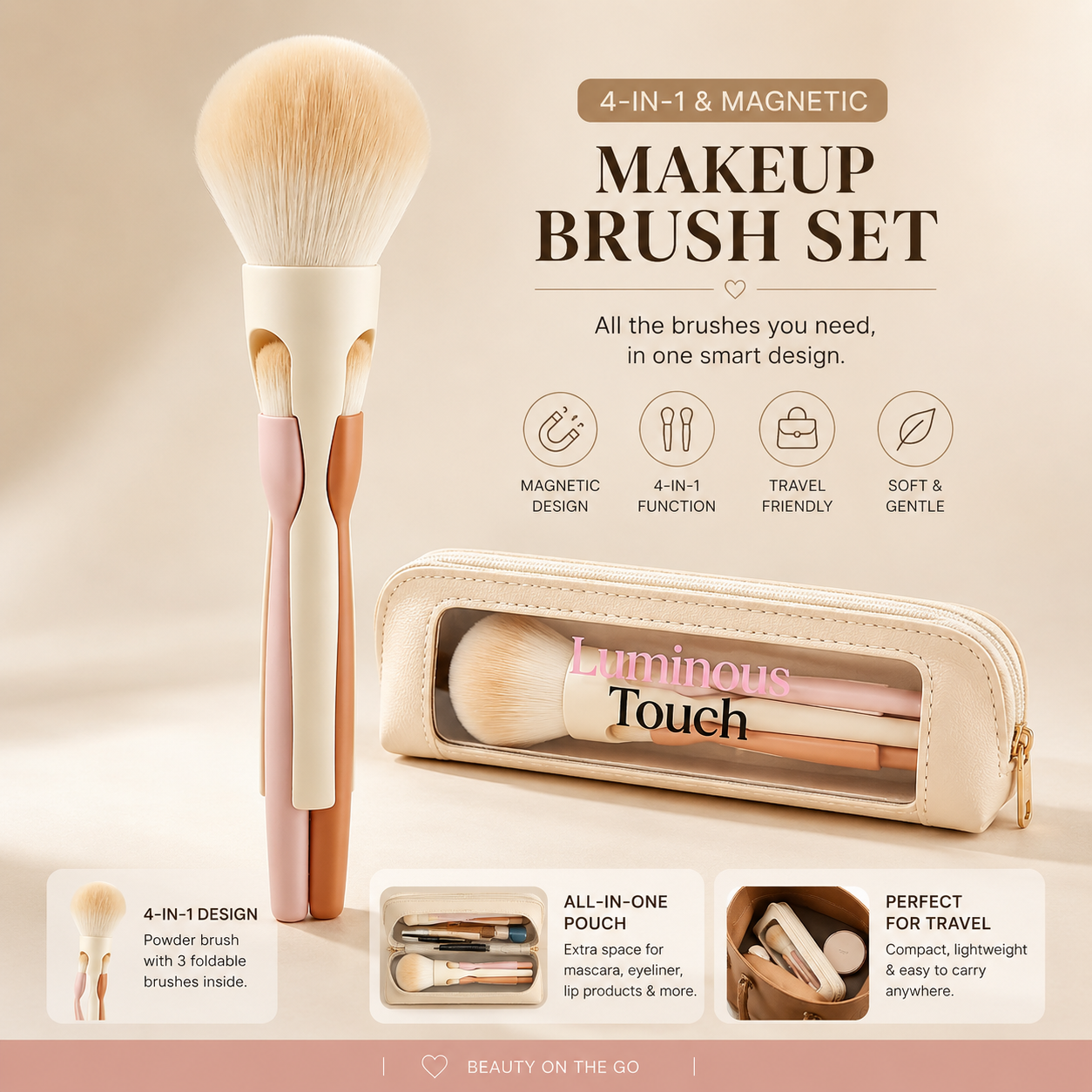 Luminous Touch 4-in-1 Travel Makeup Brush Set with Cosmetic Pouch