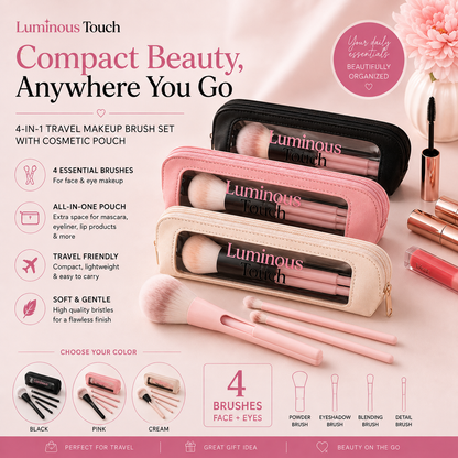 Luminous Touch 4-in-1 Travel Makeup Brush Set with Cosmetic Pouch