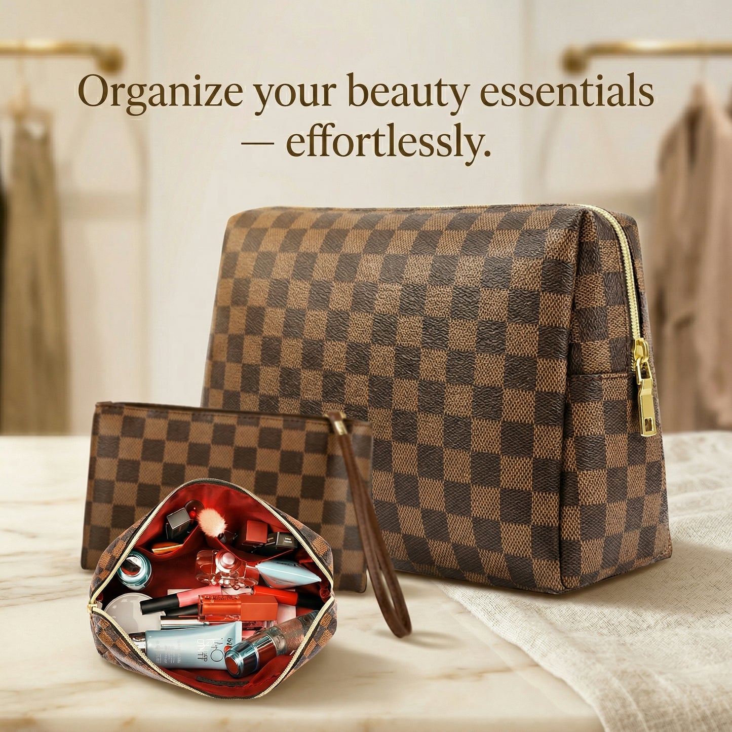 2-Piece Checkered Makeup Bag Set – Stylish Travel Cosmetic Storage