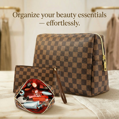 2-Piece Checkered Makeup Bag Set – Stylish Travel Cosmetic Storage